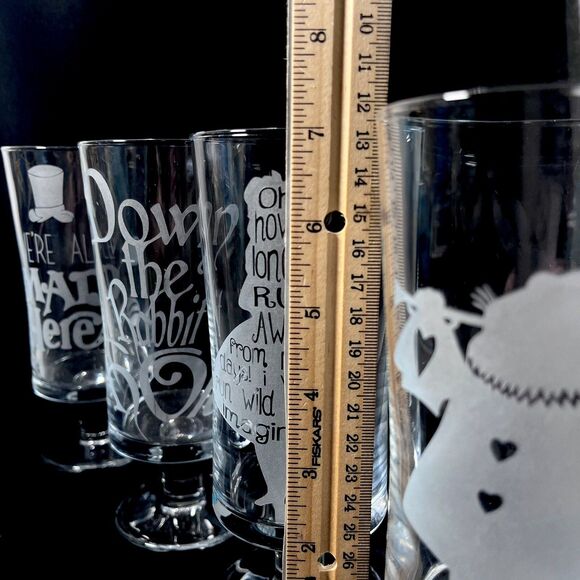 Alice In Wonderland Parfait Etched Glass Set of 4 Custom Made Footed Clear OOAK - Picture 10 of 10